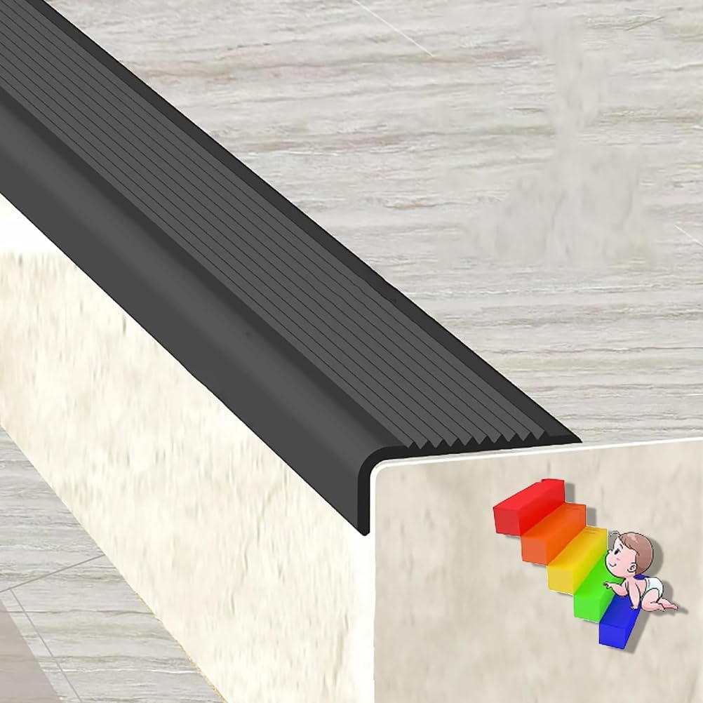 Anti-Slip Stair Nosing, Non-Slip Self Adhesive Staircase Step, Indoor & Outdoor Rubber Treads Edge Protector Molding Trim,Black,5 m/196.85 in