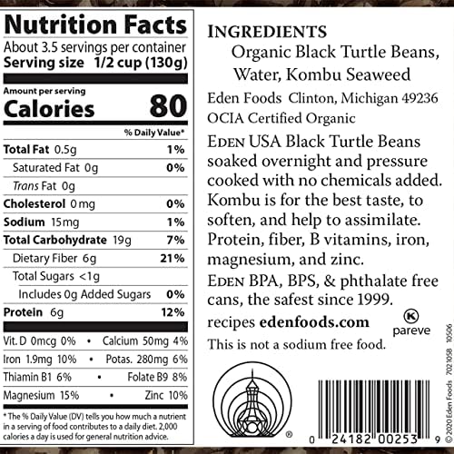 Eden Organic Black Beans, 15 oz Can, No Salt, Non-GMO, Gluten Free, Vegan, Kosher, U.S Grown, Heat and Serve, Macrobiotic, Turtle Beans, Frijol Negro, Caviar Criollo