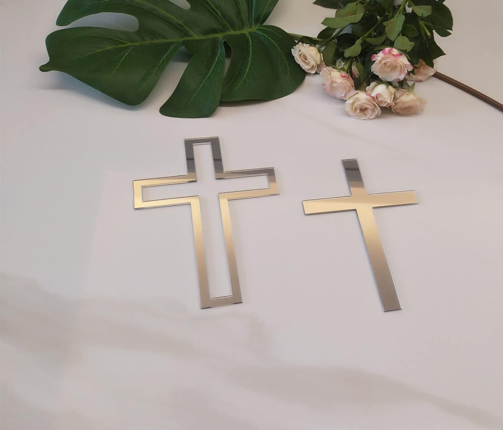 RUIXUAN 16pcs of Acrylic Cross Cake Topper, Cross Cake Charm for Baptism, Christening, Holy Communion Cake (4'', Silver Mirror)