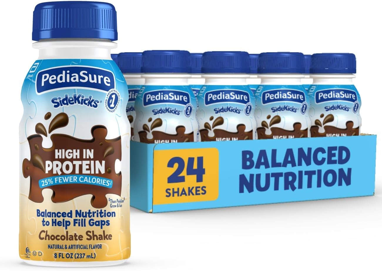 PediaSure SideKicks, Kids Protein Shake, With Key Nutrients and Protein to Help Kids Catch Up on Growth and Fill Nutrient Gaps, Chocolate, 8-fl-oz Bottle, Pack of 24