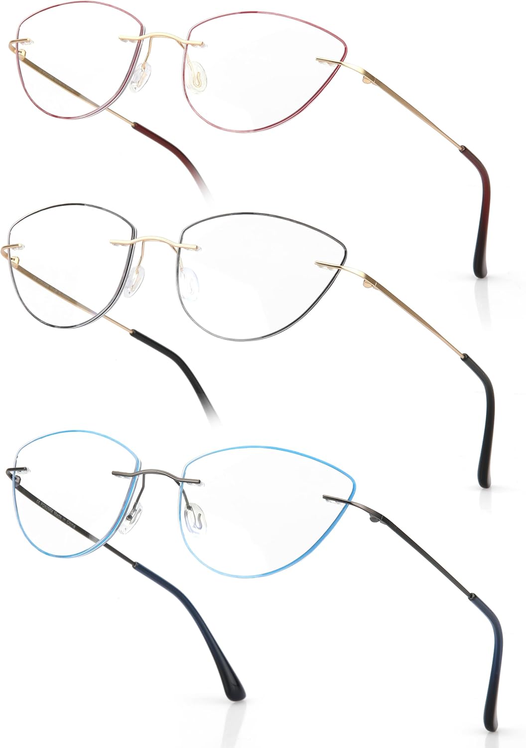 SKYOAK 3 Pack Cat Eye Reading Glasses for Women, Retro Rimless Frame Blue Light Blocking Readers with Mental Temple, Anti UV/Eye Strain Lightweight Computer Eyeglasses, 2.0