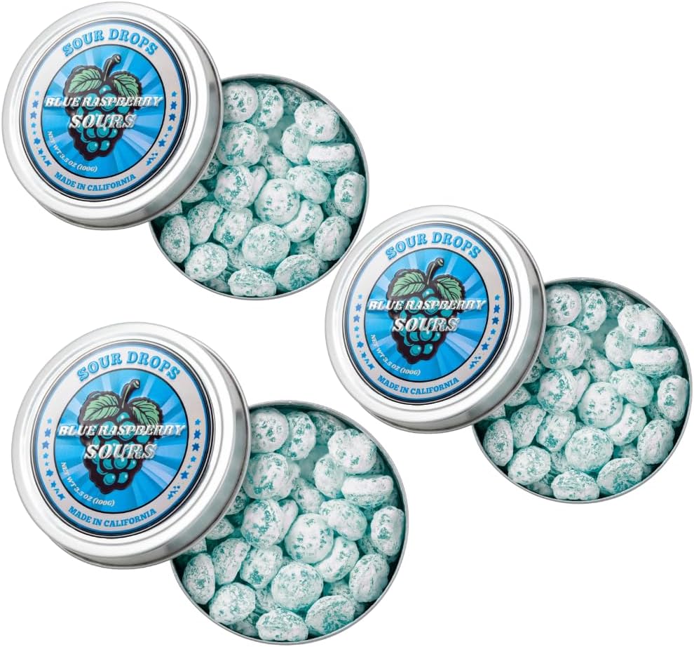Sour Drops - Blue Raspberry Sour Hard Candy - Small Batch - No Artificial Dyes, Vegan & Gluten Free - 3 Gift Tins (100g Each)