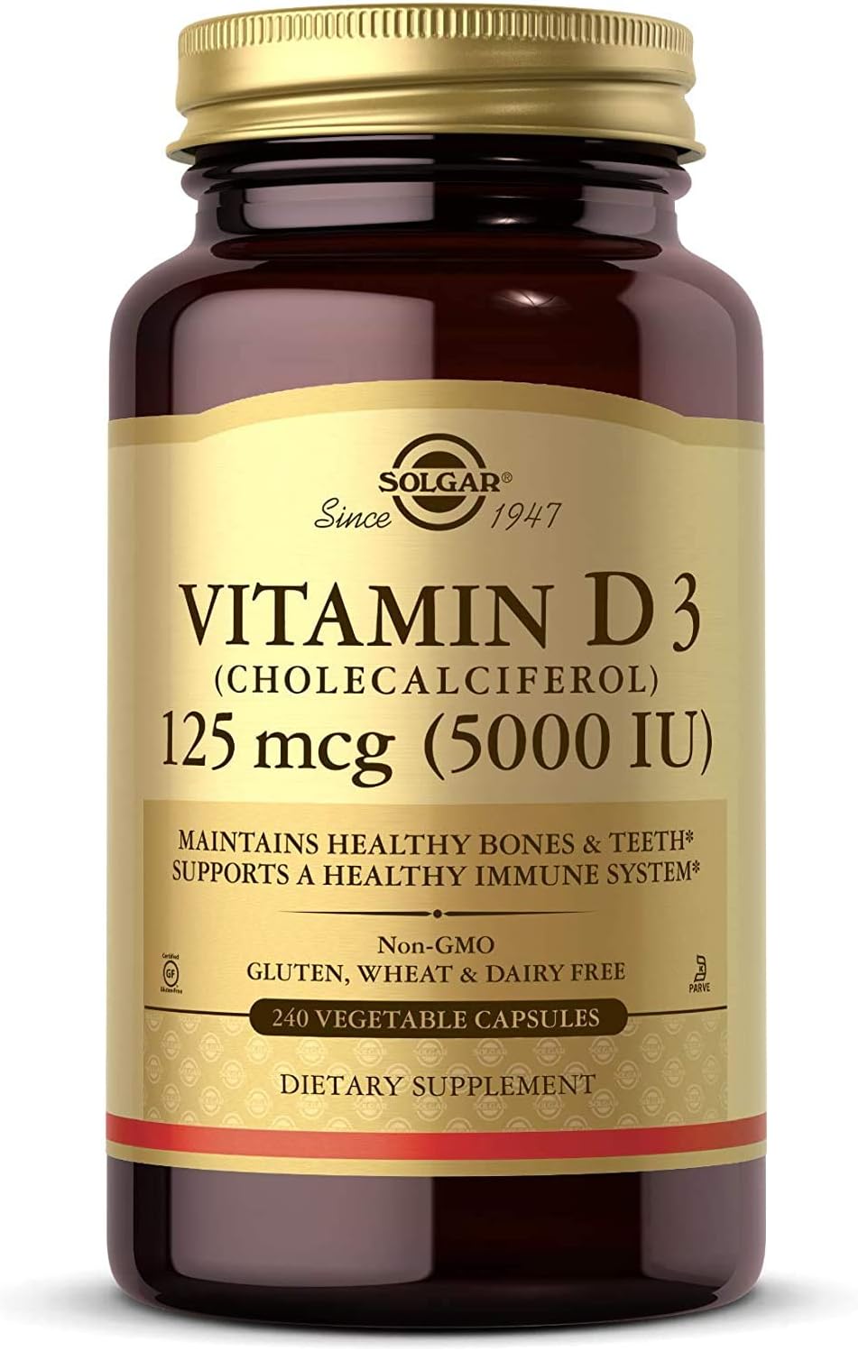 Solgar Vitamin D3 (Cholecalciferol) 125 mcg (5000 IU), 240 Vegetable Capsules - Helps Maintain Healthy Bones & Teeth - Immune System Support - Non-GMO, Gluten Free - 240 Total Servings