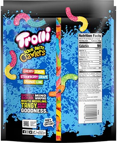 Trolli Sour Brite Crawlers, Candy, Cherry-Lemon, Strawberry-Grape & Orange-Lime, Sweet and Sour, Gummy Worms, Halloween Treat, 28.8 oz