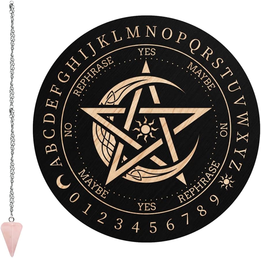 CRASPIRE Pendulum Board Pentagram Dowsing Divination Metaphysical Message Board 7.9Inch Wooden Carven Board with Rose Quartz Crystal Dowsing Pendulum Witchcraft Wiccan Altar Supplies Kit