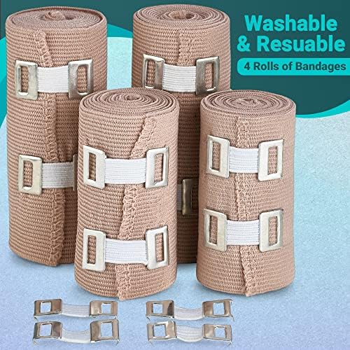 Elastic Compression Bandage Wrap - Premium Quality (Set of 4) w/ Hooks, Athletic Sport Support Tape Rolls for Ankle, Wrist, Arm, Leg Sprains First Aid Bandages Measure (2)- 4" x 5 Ft (2)- 3" x 5 Ft