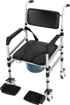 Foldable Shower Chair, Rolling Commode Chair with Wheels, Safety Strap & Removable Toilet, Adjustable Height Folding Bedside Wheelchair for Elderly/Senior Care