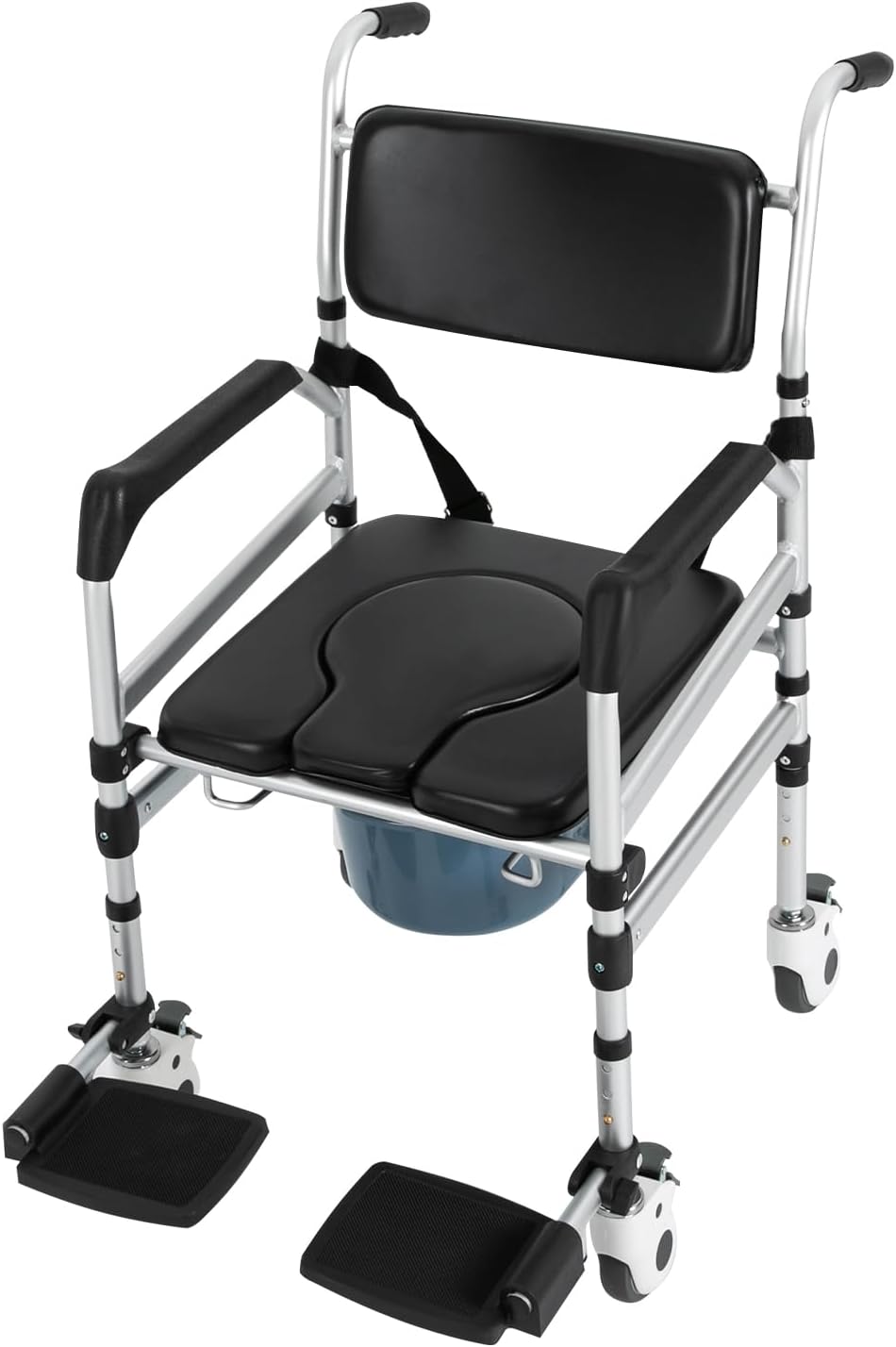 Foldable Shower Chair, Rolling Commode Chair with Wheels, Safety Strap & Removable Toilet, Adjustable Height Folding Bedside Wheelchair for Elderly/Senior Care