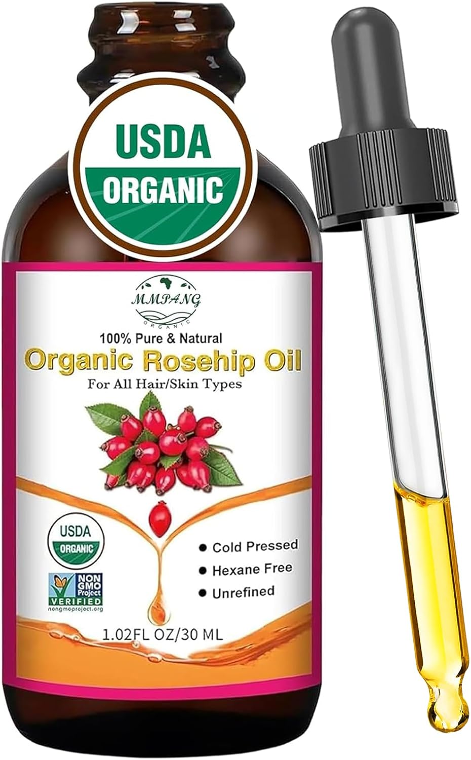 Organic Rosehip Seed Oil for Face, USDA Certified, Cold Pressed, Unrefined, 100% Pure Natural Rose Hip Oil for Anti-Aging, Acne Scar Treatment, Skin & Hair Care, Gua Sha Massage, 1 fl.oz / 30ml