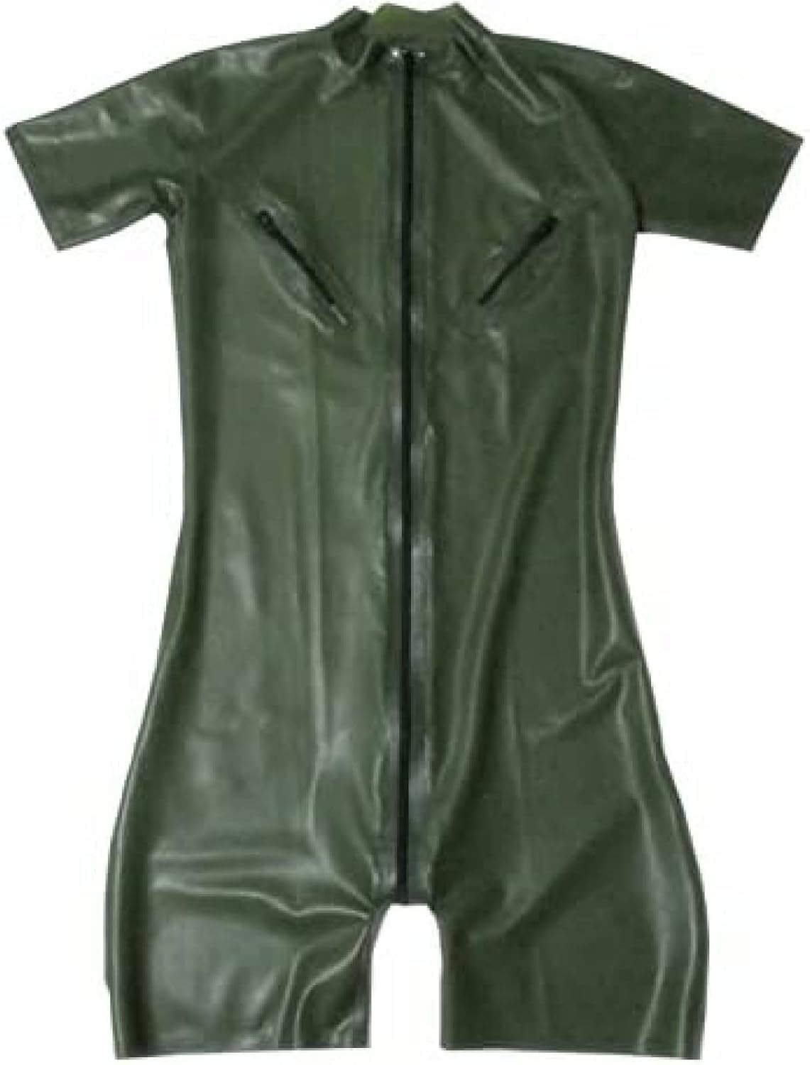 Latex Men's Catcuit with Nipple Zips, Army Green, Natural Rubber, Short Legs, Clothing Front Zip, Customised Jumpsuit,Black,XXL