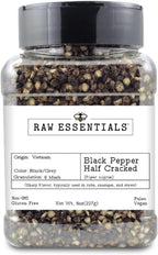 Raw Essentials Black Pepper Half Cracked – 6 Mesh Butchered Cut – Pungent and Biting Flavor – Dry Rubs, Sausages, Marinades, and Salads – 8 Ounce Bottle