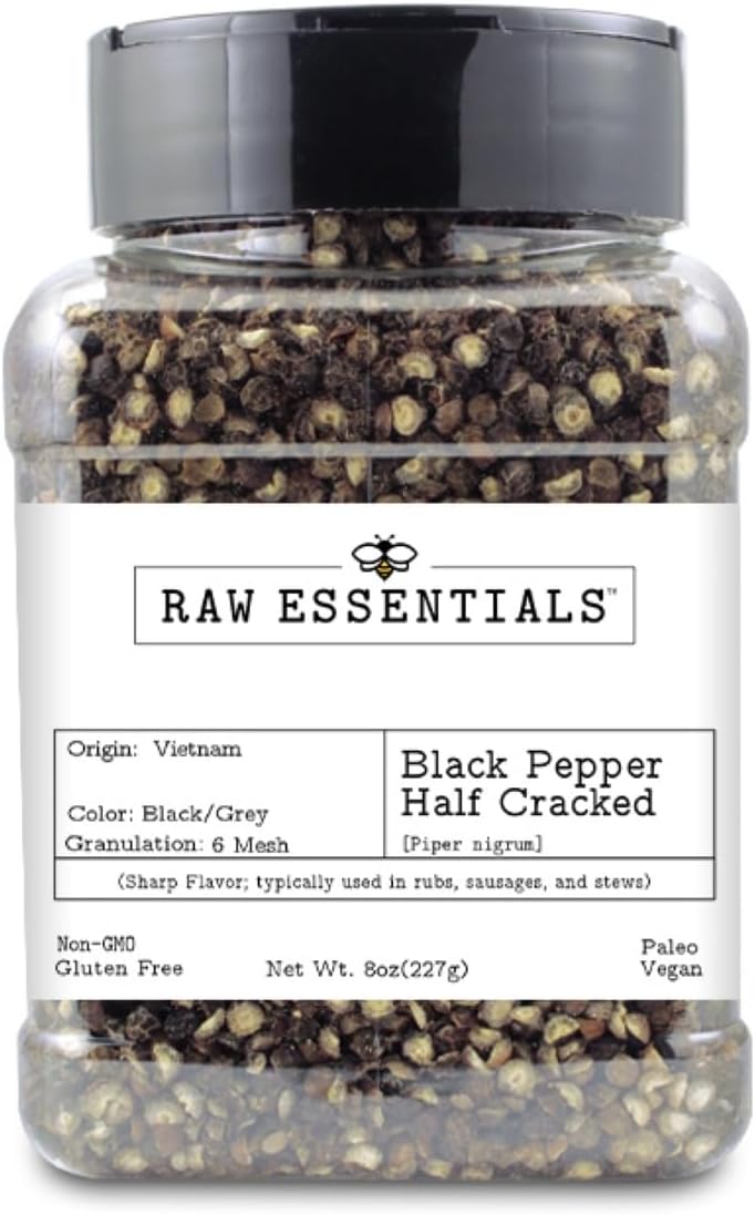 Raw Essentials Black Pepper Half Cracked – 6 Mesh Butchered Cut – Pungent and Biting Flavor – Dry Rubs, Sausages, Marinades, and Salads – 8 Ounce Bottle