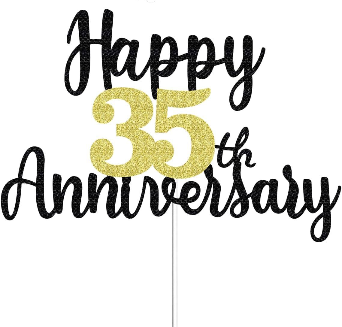 Happy 35th Anniversary Cake Toppers Glitter, Cheers To 35 Years Party Decorations 35th Anniversary Cake Decor, Thirty-five Theme Cake Decorations For Wedding Birthday Company Anniversaro(Black Gold)