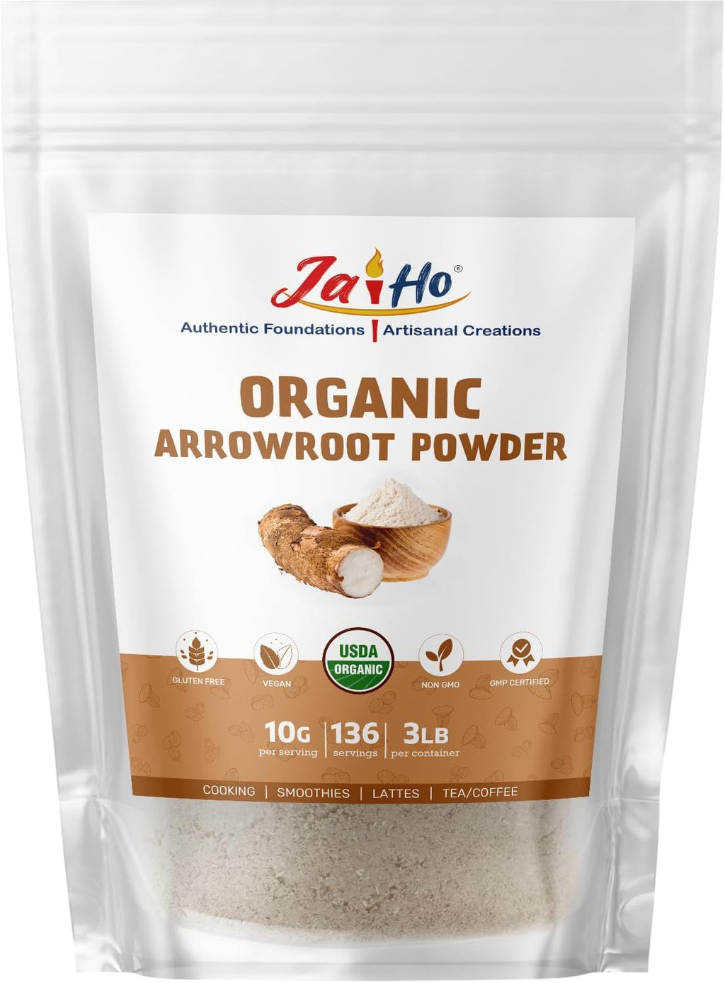 Jai Ho Certified USDA Organic Arrowroot Powder – 3 LB – Gluten-Free, Vegan, Non-GMO – Resealable Zip Lock Pouch