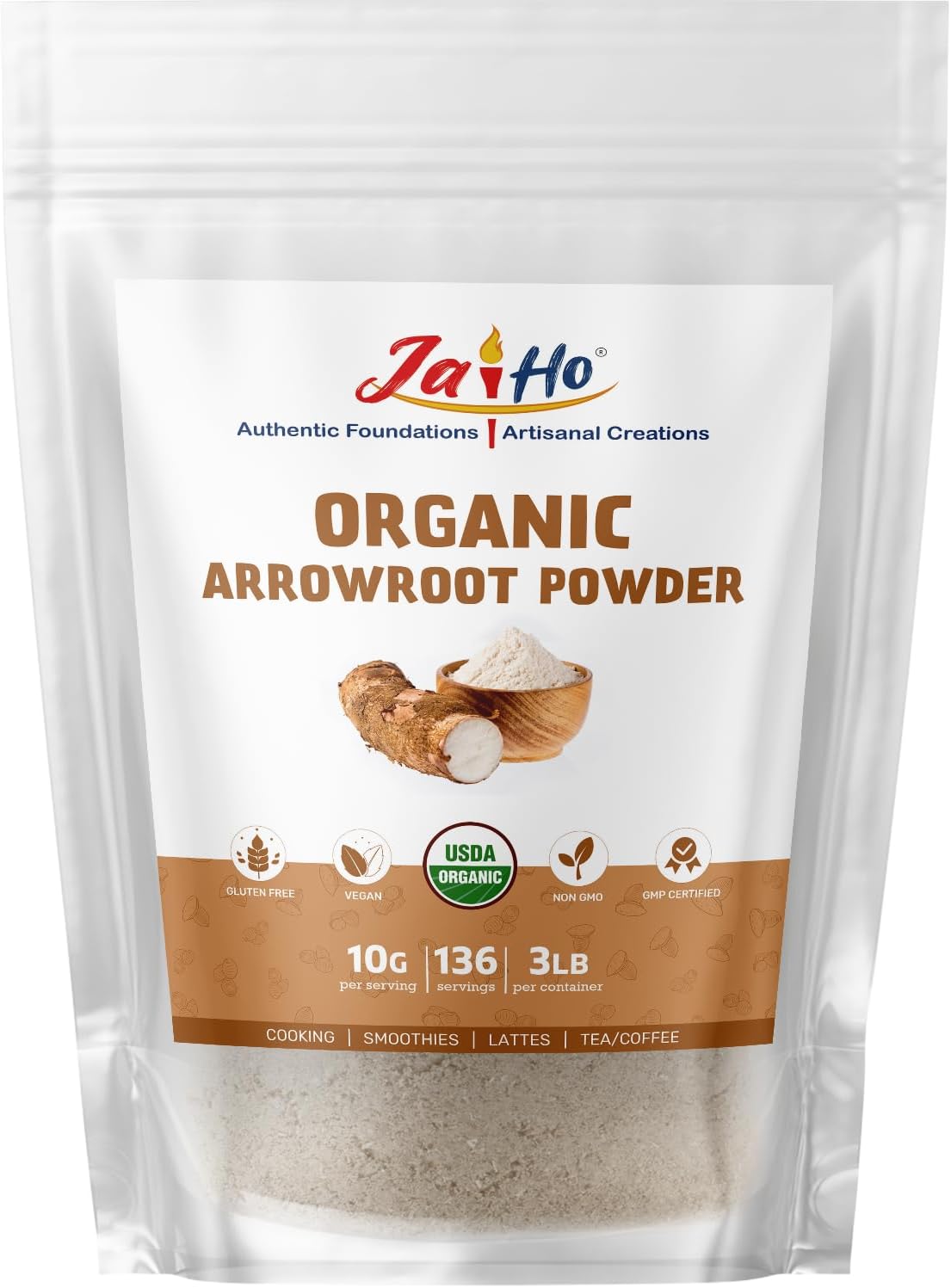 Jai Ho Certified USDA Organic Arrowroot Powder – 3 LB – Gluten-Free, Vegan, Non-GMO – Resealable Zip Lock Pouch