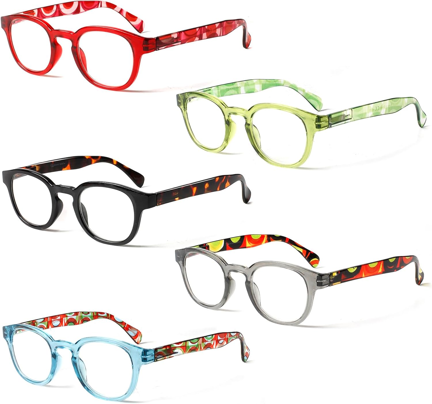 Kerecsen Reading Glasses 5 Pack Unisex Fashion Spring Hinge with Pattern Design Readers