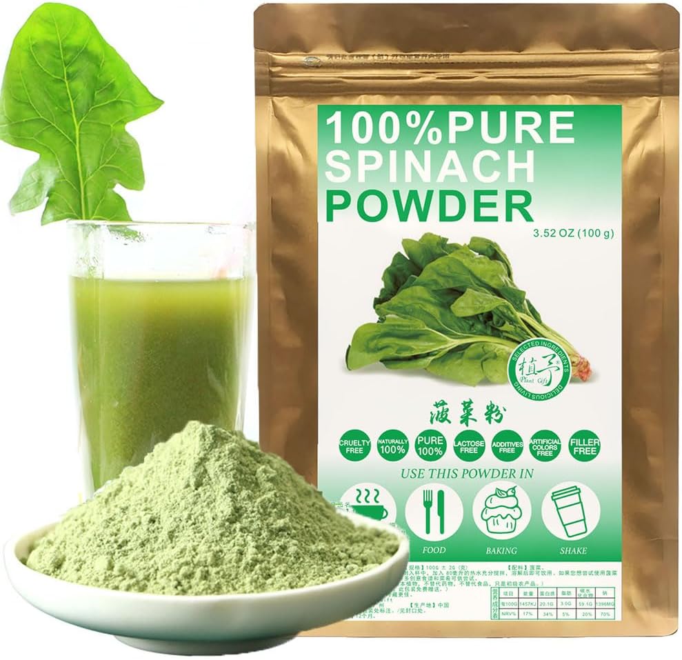 Plant Gift 100% Pure Spinach Powder 菠菜粉 Natural Powder, Great Flavor for Drinks, Smoothie, Yogurt, Baking, Cookies, Cakes and Beverages, Non-GMO Powder, No Filler, No additives 100G/3.25oz