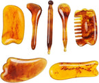 7 Pack Gua Sha Scraping Massage Facial Tools Kit, ResinGuasha Scraper Board Health Care Beauty Scrape Plate with Flax Bag for Face Body Leg Back Care Physical Acupuncture Deep Tissue Therapy (Amber)
