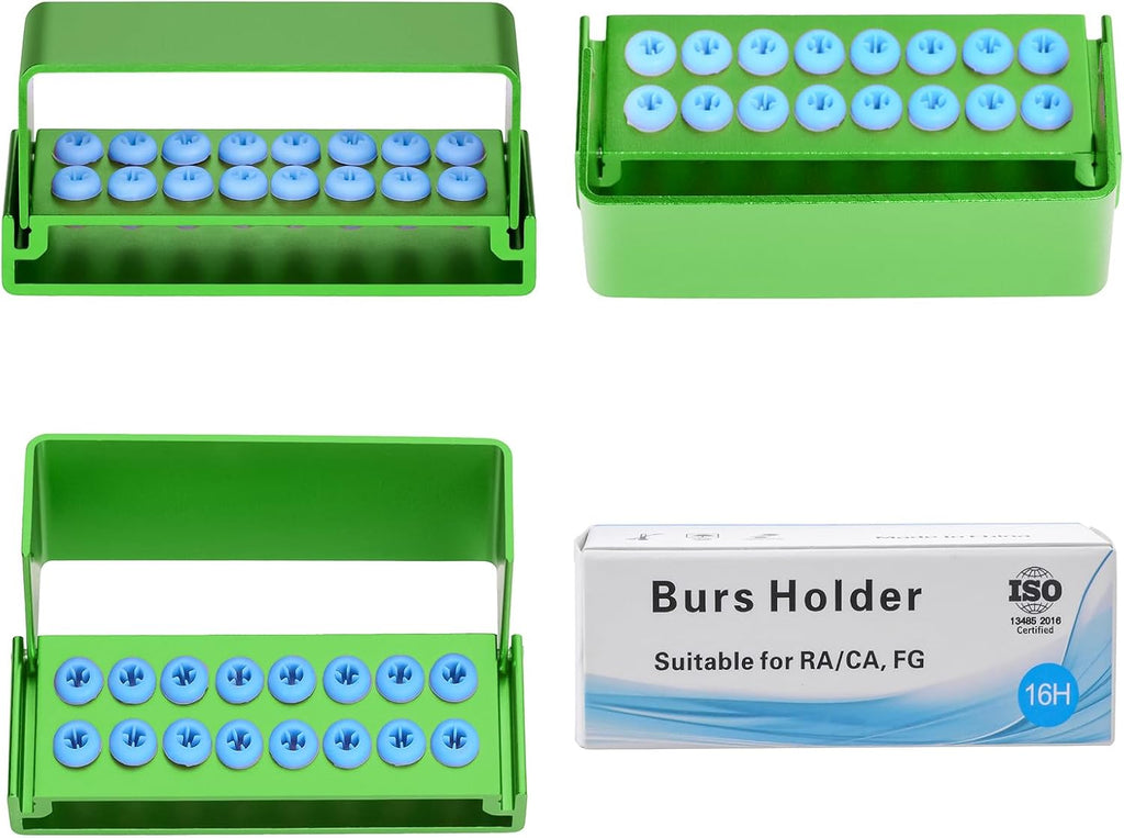 16 Holes Burs Holder Block Case for CA/RA＆FG Autoclavable Burs Holders with Blue Silicon Cover for Disinfection of Expand-speed Bur and Gutta Points (Green)