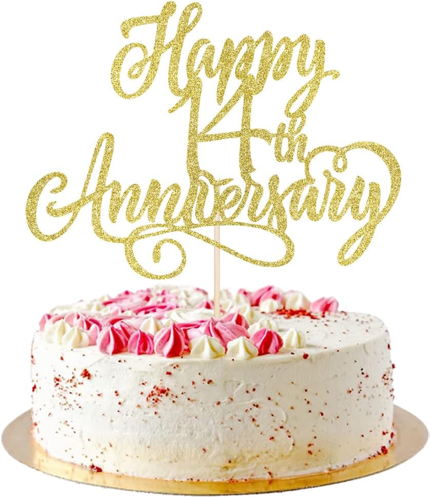 Happy 14th Anniversary Cake Toppers -Wedding Anniversary Party Decorations, 14th Wedding Anniversary, Company Anniversary Party, Birthday Party Decorations (Gold)