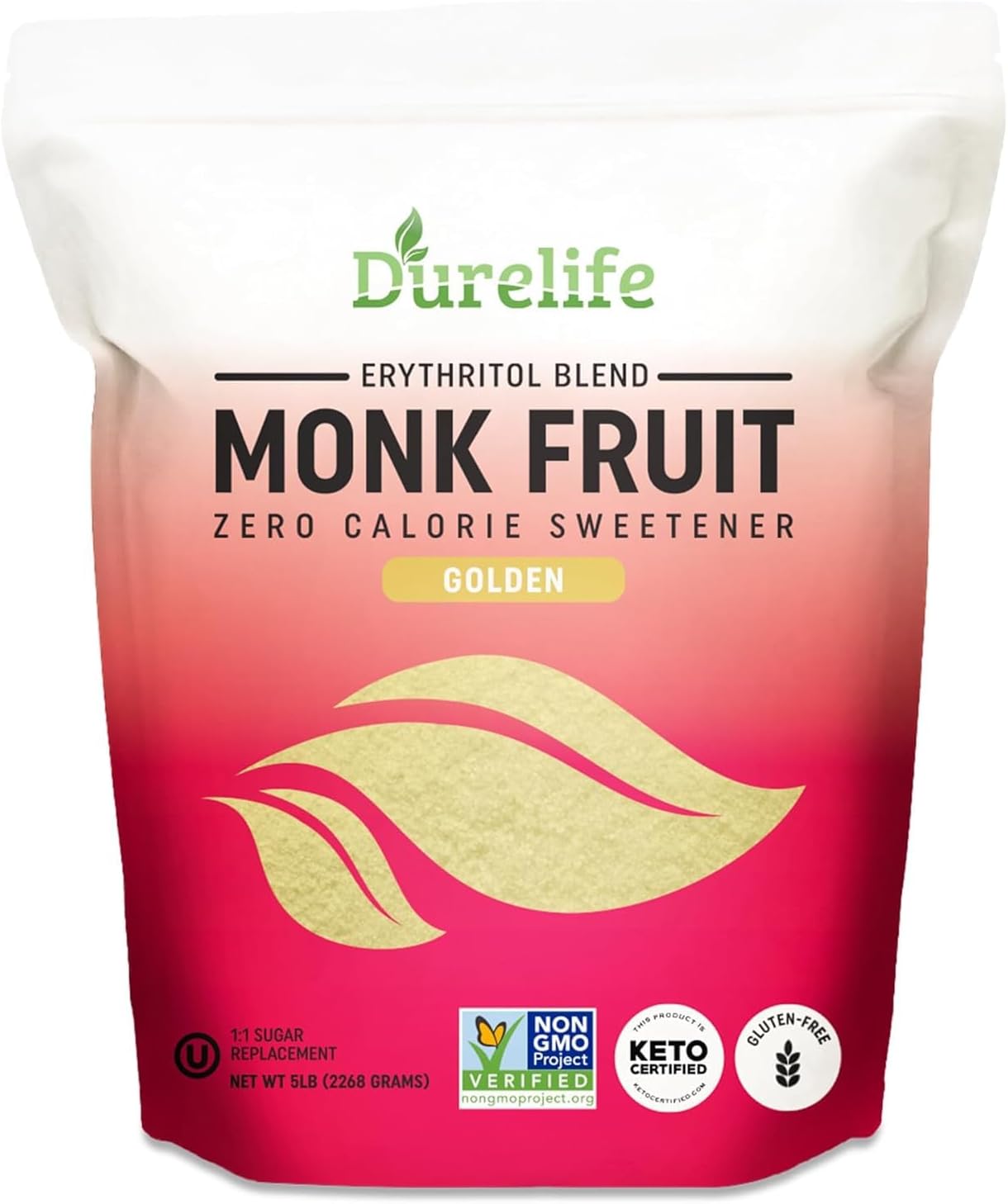Durelife Golden Monk Fruit Sweetener, 1:1 Sugar Replacement, Keto Diet Friendly, Zero Calorie, Kosher Sugar Substitute Crystal, Golden - 5 lb Bulk Size (Packaging May Vary)
