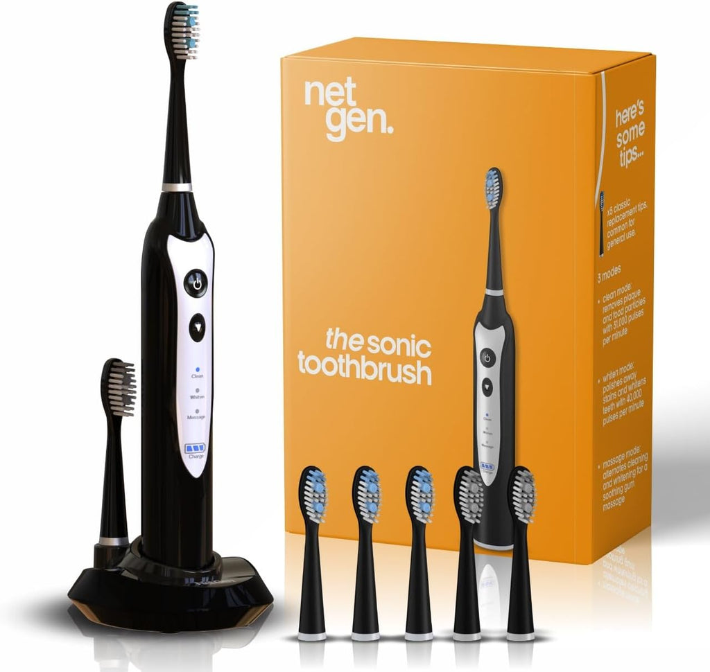 Sonic Electric Toothbrush for Adults with 5 Toothbrush Replacement Heads, 3 Brushing Modes & 2 Minutes Built-in Timer, Travel Toothbrushes with Inductive Charging, Rechargeable toothbrush | Black