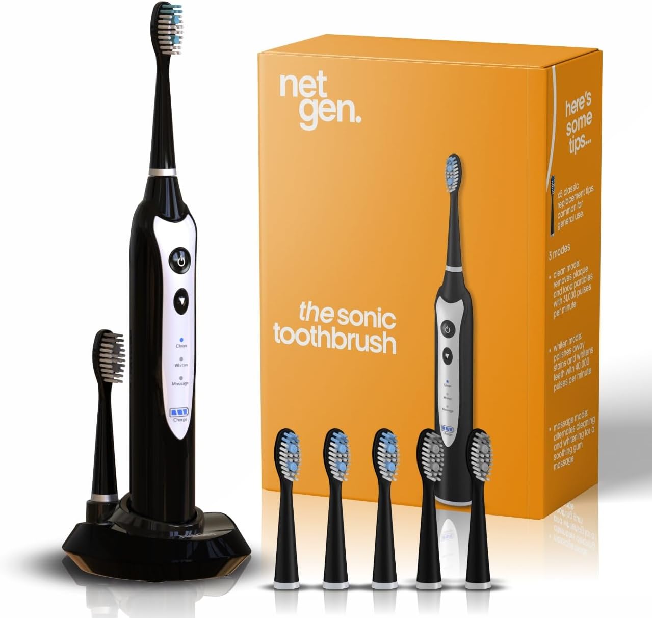 Sonic Electric Toothbrush for Adults with 5 Toothbrush Replacement Heads, 3 Brushing Modes & 2 Minutes Built-in Timer, Travel Toothbrushes with Inductive Charging, Rechargeable toothbrush | Black