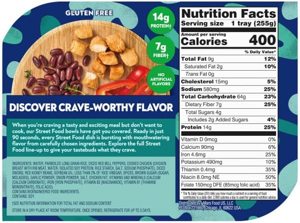 BEN'S ORIGINAL Street Food Jamaican Jerk Style Beans & Rice with Chicken, Prepared Entrée, Microwavable Heat-&-Eat Bowl in 90 Seconds, 9 oz (Pack of 6)