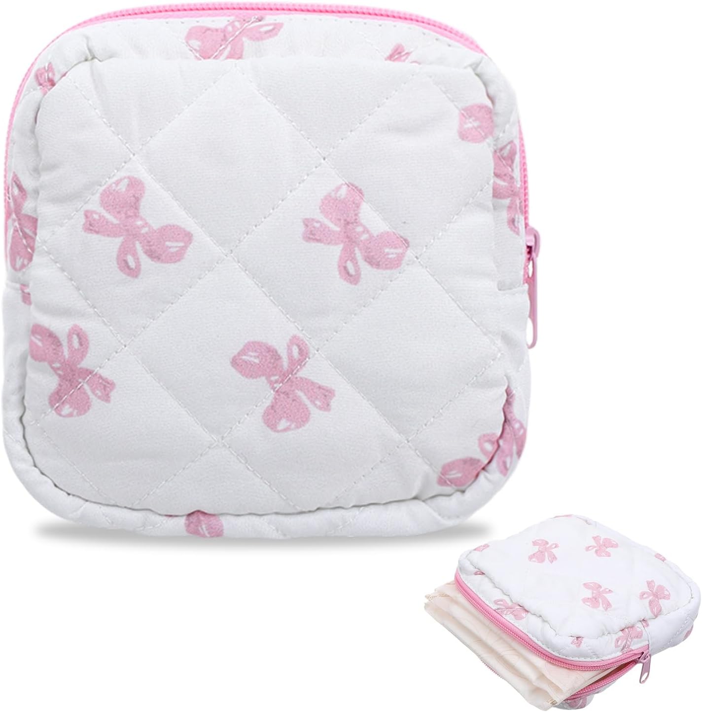 Portable Period Bags for Girls, Bow Period Pouch for Pads Sanitary Napkins Small Tampons, Sanitary Napkin Storage Bag First Gifts for Girls (White)