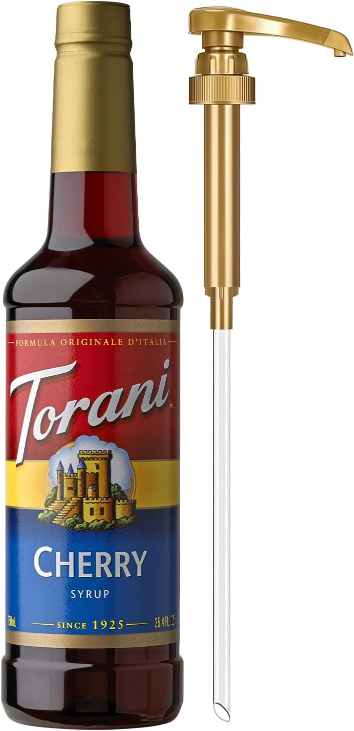 Torani Cherry Syrup for Drinks, Flavoring for Iced Tea, Lemonade, and Sodas, Pump Included, 25.4 Oz