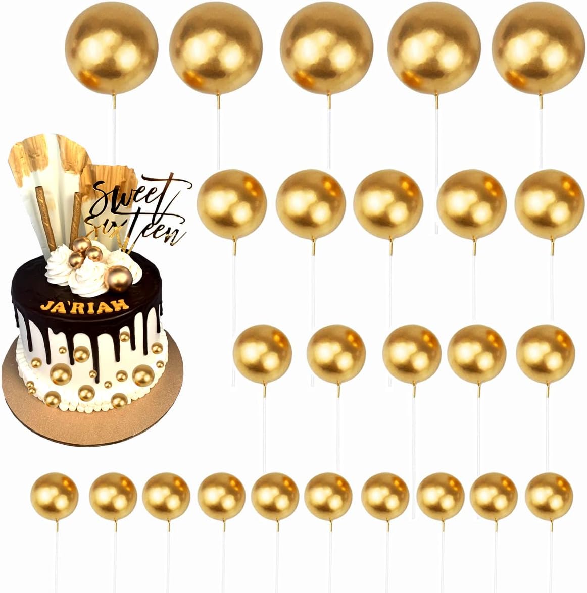 25 Pcs Balls Cake Topper Ball Shaped Cake Insert Toppers Pearl Balls Cake Pick DIY Cake Insert Toppers Foam Ball Cupcake Topper for Birthday Party Christmas Wedding Anniversary Baby Shower Cake Decor