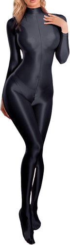 Women's Oil Shiny Glossy Sexy Full Bodysuits Long Sleeve One Piece Catsuit Satin Smooth Zipper Crotch Jumpsuit