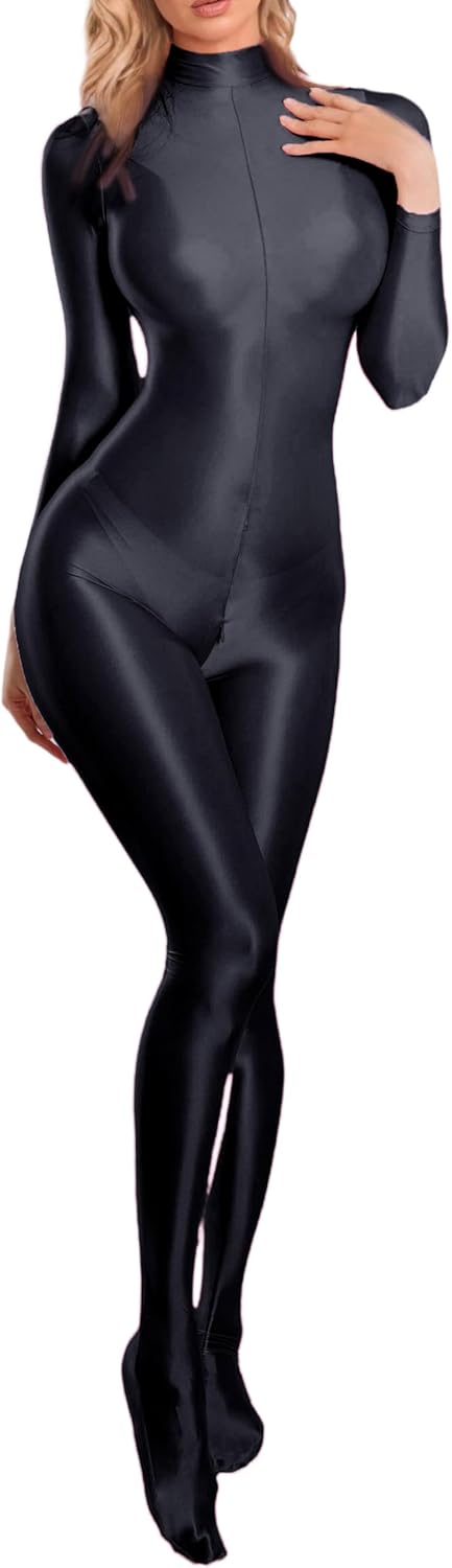 Women's Oil Shiny Glossy Sexy Full Bodysuits Long Sleeve One Piece Catsuit Satin Smooth Zipper Crotch Jumpsuit