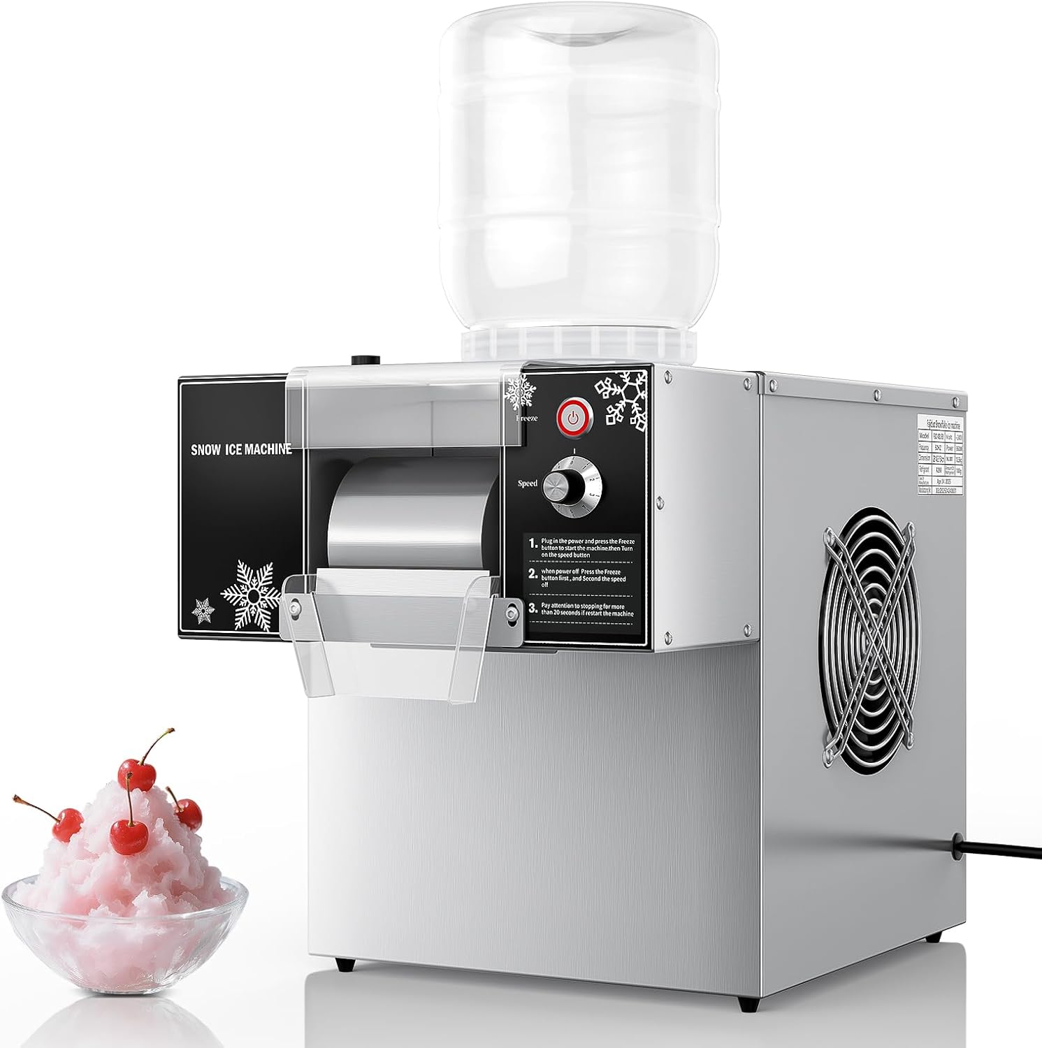 Snowflake Ice Machine, 176 LBS/24H Commercial Shaved Ice Machine, Rapid Cooling and 9 Adjustable Speed, Stainless Steel Snowflake Ice Maker for Home, Restaurant, Office, Party