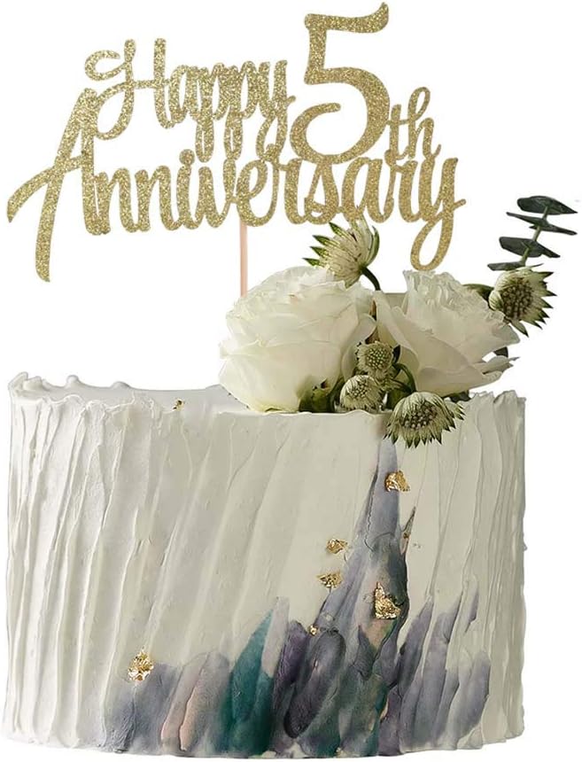 5th Anniversary Party Decoration Gold Glitter 5th happy Anniversary Cake Topper