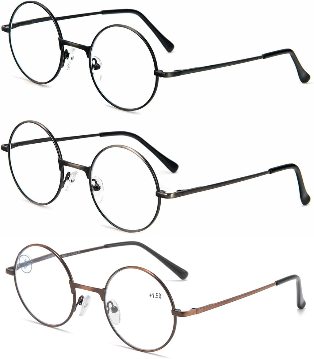 3 Pack Round Frame Reading Glasses Blue Light Blocking Reader Metal Full Frame Retro Glasses