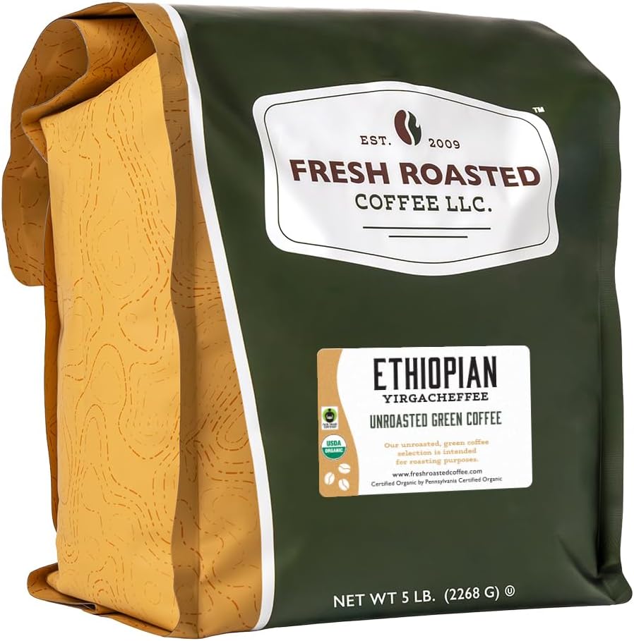 Fresh Roasted Coffee, Unroasted Organic Ethiopian Yirgacheffe | USDA Organic, 100% Single Origin, Kosher | 5 Pound