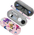 2 in 1 Contact Lens Case and Eyeglasses Case for Women Men Kids, Double Sided Hard Shell Portable Glasses Travel Holder with Built-in Mirror, Contact Lens Box (Pink Butterfly)