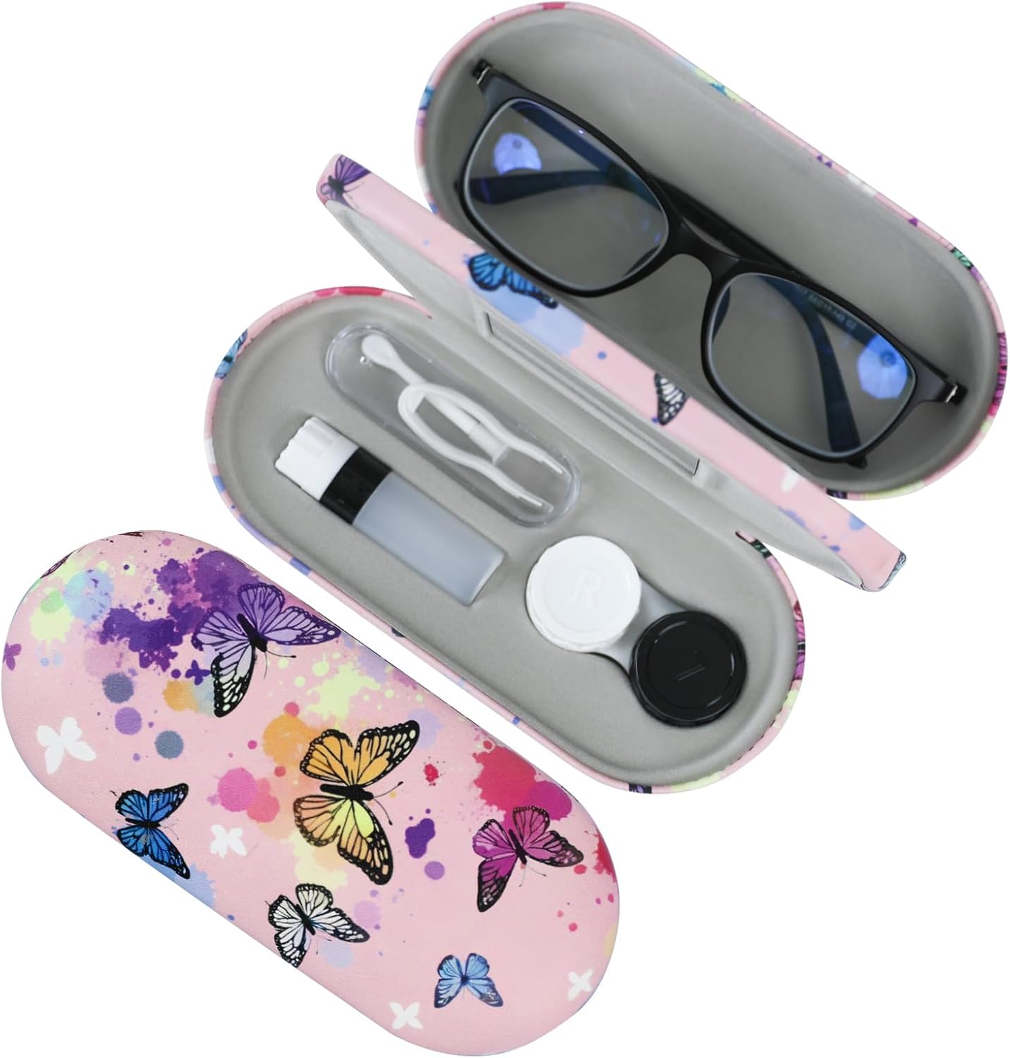 2 in 1 Contact Lens Case and Eyeglasses Case for Women Men Kids, Double Sided Hard Shell Portable Glasses Travel Holder with Built-in Mirror, Contact Lens Box (Pink Butterfly)