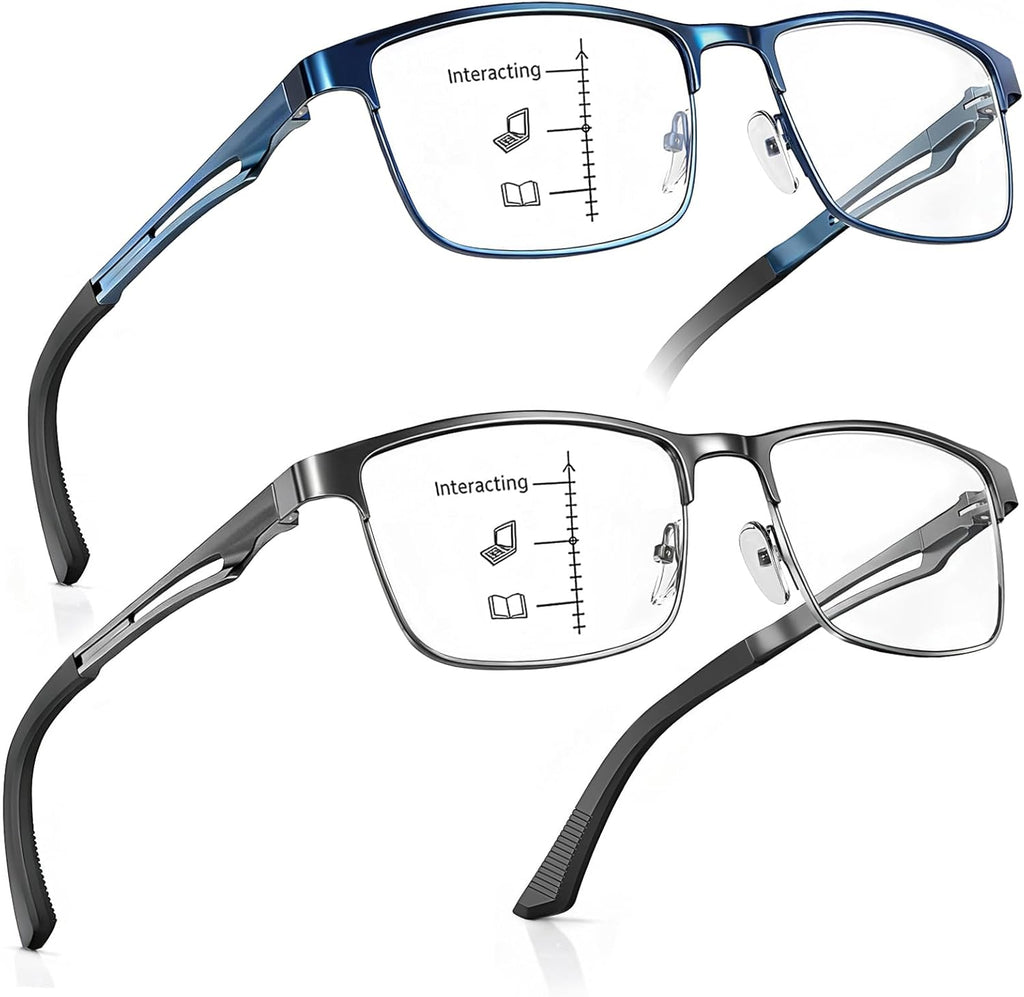 SKYFUEN Progressive Multifocus Reading Glasses for Men Metal Half Frame No-Line Anti-Blue Light Readers with Spring Hinges