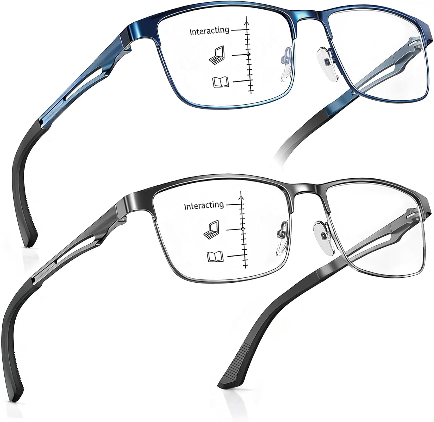 SKYFUEN Progressive Multifocus Reading Glasses for Men Metal Half Frame No-Line Anti-Blue Light Readers with Spring Hinges