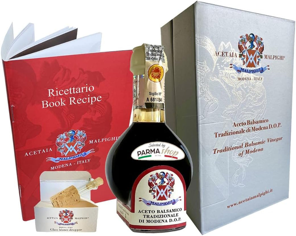 Selected by PARMAshop – Traditional Balsamic Vinegar of Modena – Minimum 12 Years Aged – by Acetaia Malpighi – with Glass Pourer & Recipe Book - Made in Italy