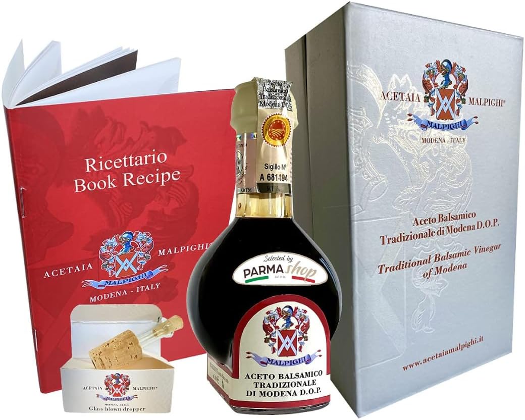 Selected by PARMAshop – Traditional Balsamic Vinegar of Modena – Minimum 12 Years Aged – by Acetaia Malpighi – with Glass Pourer & Recipe Book - Made in Italy