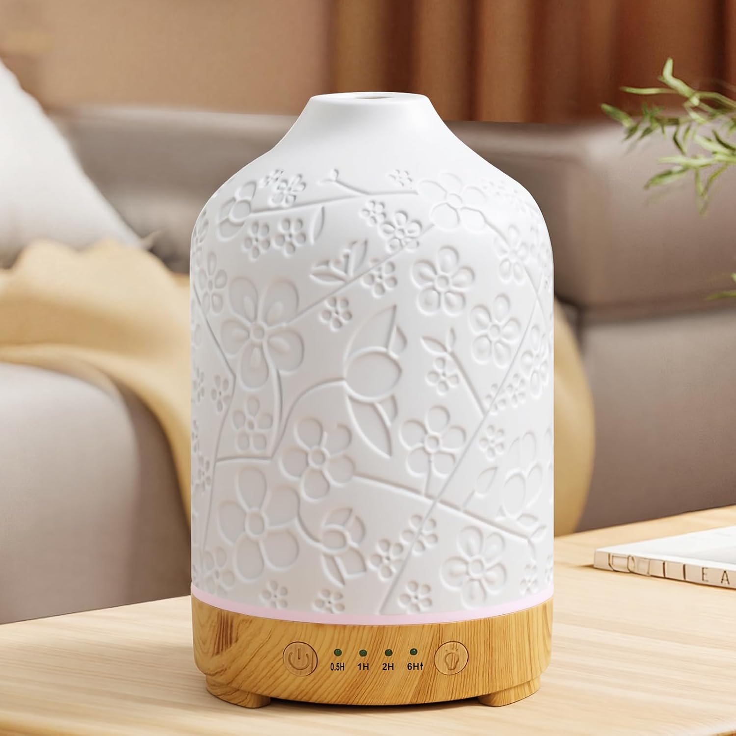 Essential Oil Diffuser Ceramic Diffuser -Aromatherapy Diffuser for Essential Oils with Timer and 7 Colors LED Light Ultrasonic Diffuser with Auto Shut-Off, Home Office Decor&Gift (Blossom-150ml)