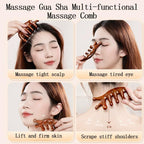 Gua Sha Wood Massage Tool - Natural Sandalwood Scalp Massager Comb for Head Neck Shoulder, 7-Prong Ergonomic Handheld Design, Brown