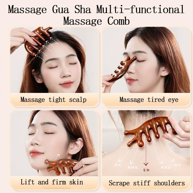 Gua Sha Wood Massage Tool - Natural Sandalwood Scalp Massager Comb for Head Neck Shoulder, 7-Prong Ergonomic Handheld Design, Brown