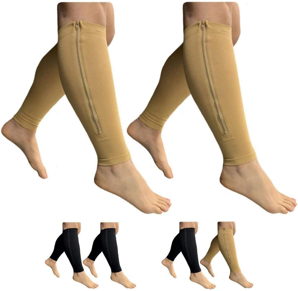 HealthyNees Footless 15-20 mmHg Zipper Compression Leg Calf Shin Sleeve 2 Pairs (Beige Combo, 5X-Large)