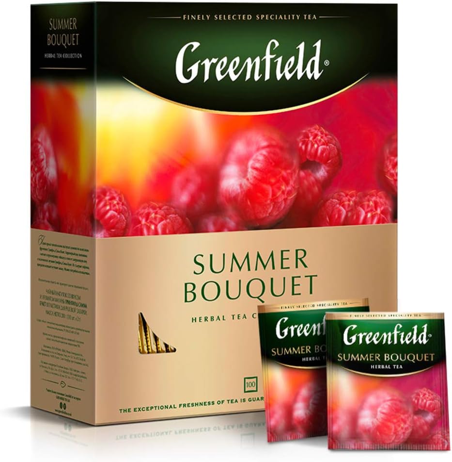 Greenfield Herbal Tea Summer Bouquet - Caffeine-Free Hibiscus Raspberry Rosehip Fruit Tea, 100 Individually Wrapped Tea Bags