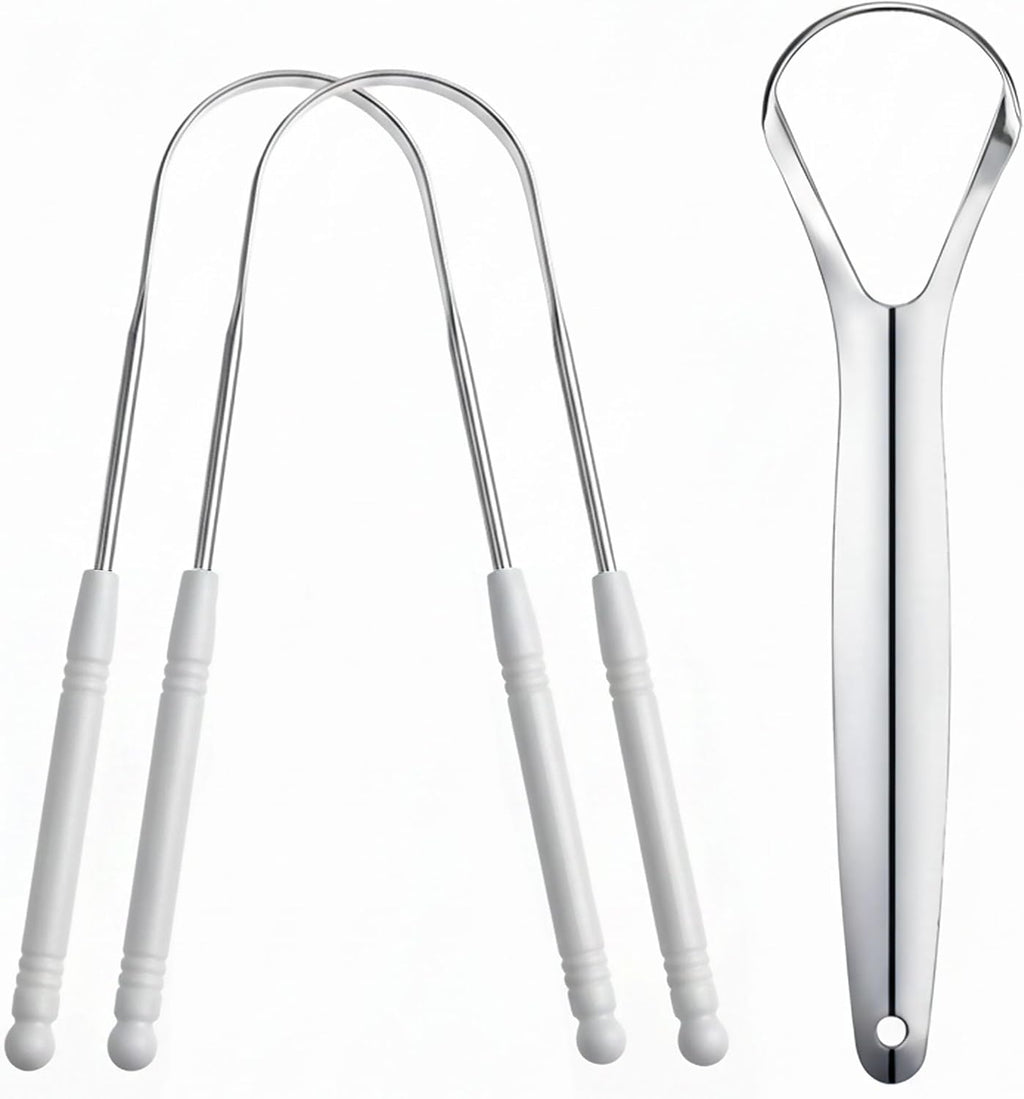 3 Pack Metal Tongue Scraper, Stainless Steel Tongue Cleaning Tool, Reusable Manual Design for Daily Oral Care, Portable Tongue Cleaner Set, White