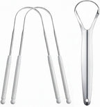 3 Pack Metal Tongue Scraper, Stainless Steel Tongue Cleaning Tool, Reusable Manual Design for Daily Oral Care, Portable Tongue Cleaner Set, White